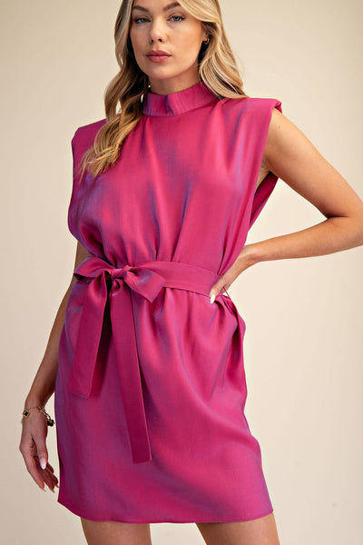 Mock Neck Shoulder Padded Waist Tie Mini Satin Dress: Red