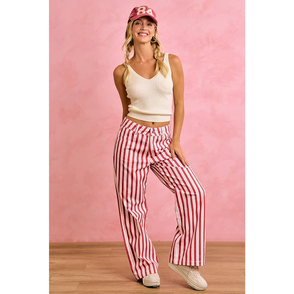 GAMEDAY THEME STRIPE HIGH RISE FLARE PANTS: RED