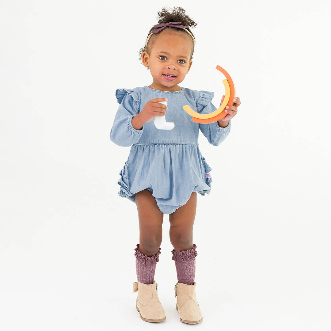 Baby Girls Light Wash Denim Long Sleeve Flutter Bubble Romper: Blue