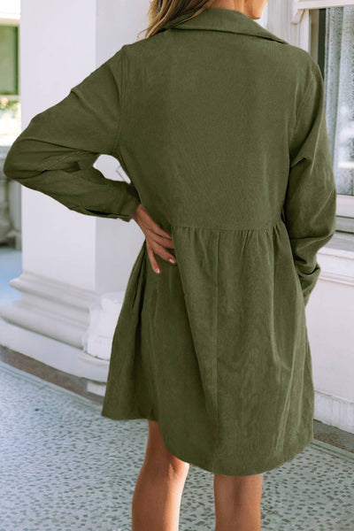 LDC Corduroy Half Button Collared Long Sleeve Mini Dress: Oatmeal