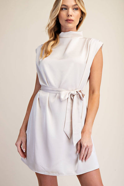 Mock Neck Waist Tie Sleeveless Mini Dress: Black