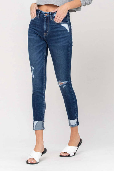 HIGH RISE DISTRESSED CUFFED CROP SKINNY JEANS V2173: ZEKE