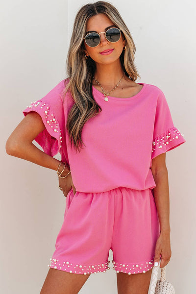 Textured Pearled Ruffle Sleeve Top 2 Piece Shorts Set