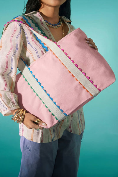 LAS Colorful Ricrac Detail Canvas Tote Bag: Large / White / One Size
