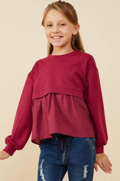 Girls Mix Media French Terry Knit Top: Berry
