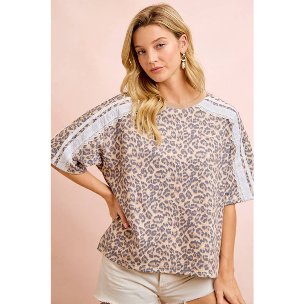 LEOPARD TERRY SIDE DETAIL SHORT SLEEVES TOP: