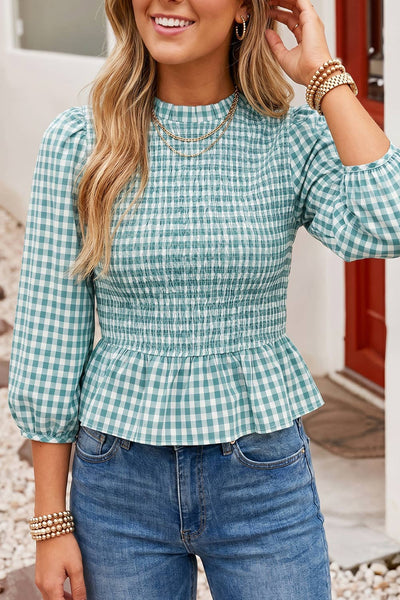 Plaid Smocked Bodice Three Quarter Sleeve Casual Top: Red