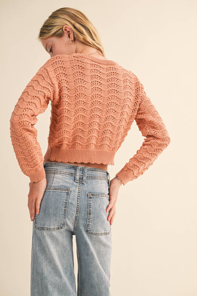 GIRLS KIDS CREW NECK WAVY POINTELLE L/S SWEATER