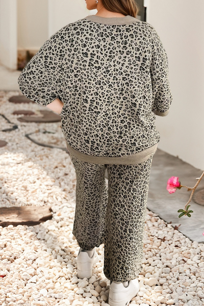 Spring Western Leopard Patchwork Pullover Wide Leg Pant Set: Khaki