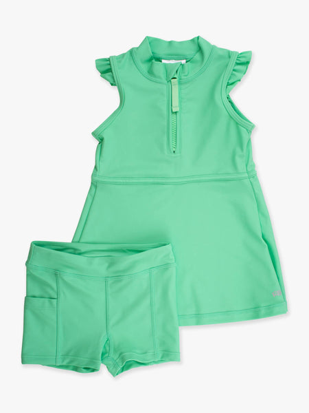 Girls Spring Green Flutter Sleeve Active Dress & Bike Short Set: Green