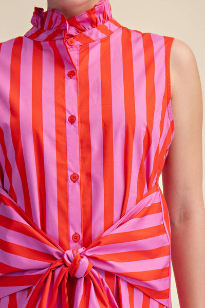 Ruffle Neck Sleeveless Waist Tie Detail Stripe Mini Dress: Pink