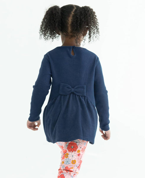 Girls Dark Navy Waffle Knit Long Sleeve Bow Back Top: Blue