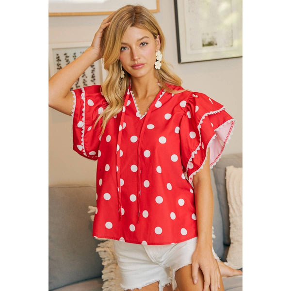 POLKA DOT PRINTED RUFFLE TRIM EDGE BLOUSE TOP: RED / S