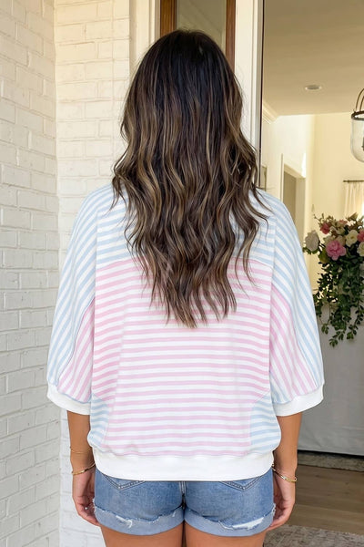 LAS Striped Dolman Sleeve Patchwork Oversize T Shirt Red Stripe