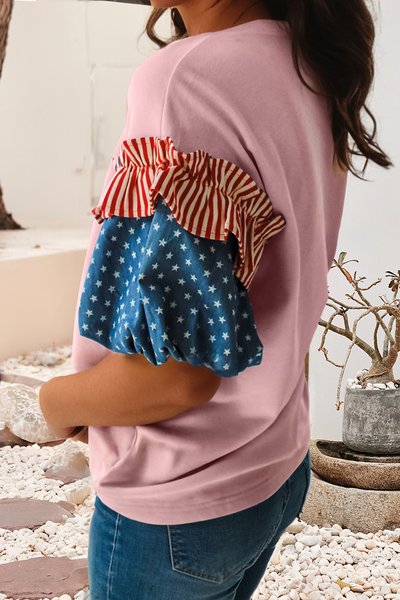 LDC Stars Stripes Round Neck Short Puff Sleeve Top