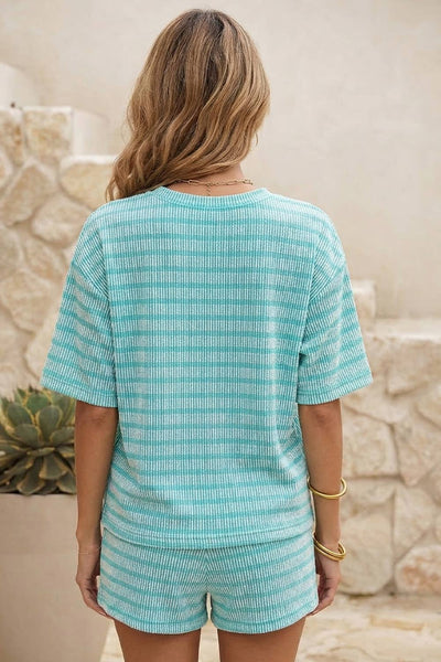 LDC Stripe Rib Loose Drawstring Elastic Waist 2pcs Short Set: Sky Blue Stripe