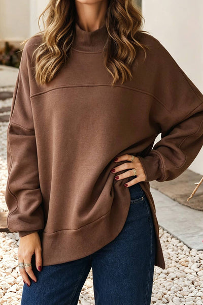 LDC Oversized Solid Mock Neck Sweatshirt: Coffee