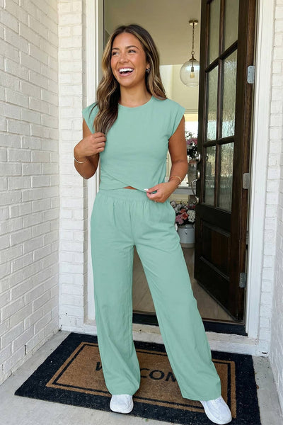 LAS Solid Color Cropped Tank Top and Jogger Pants Set Blue / Missy