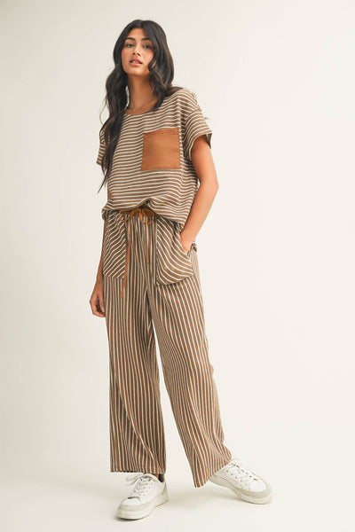Striped Drawstring Waist Cropped Pants SetKhaki Stripe