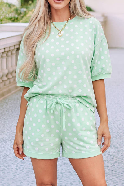 LDC Casual High Waist Polka Dot Short Sleeve 2Pcs Shorts Set: Green
