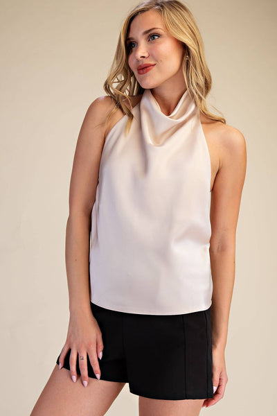 Halter Neck Cowl Neck Sleeveless Openback Satin Top: Dusty Blue / S
