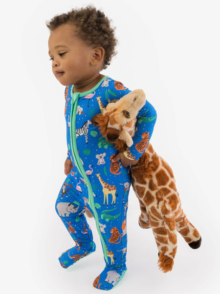 SoftSnooze™ Baby Bamboo Viscose Zoo Crew Footed One Piece Pajama: Blue