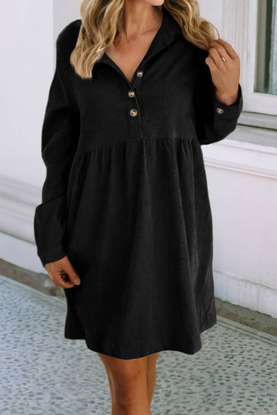 LDC Corduroy Half Button Collared Long Sleeve Mini Dress: Oatmeal