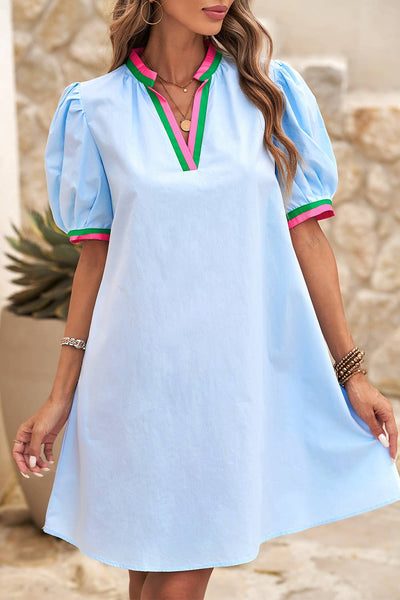LDC Contrast Striped Detail Notched Neck Puff Sleeve Dress: Myosotis