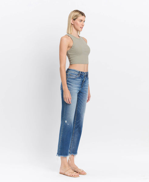 HIGH RISE FRAYED HEM CROP STRAIGHT JEANS F5569: ADMIRE