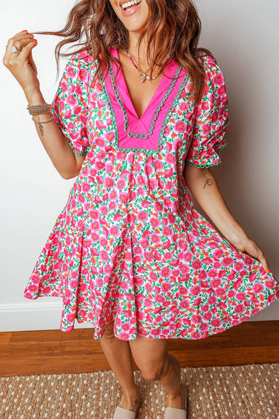 Floral Print V Neck Patchwork Short Bubble Sleeve Mini Dress: Pink