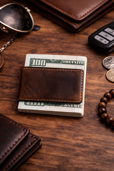 Genuine Full-Grain Leather Money Clip wallet: Dark Brown