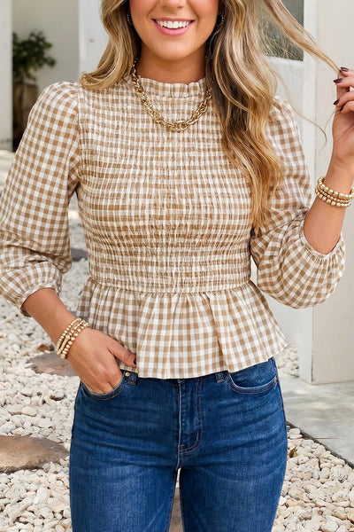 F/W26 Plaid Smocked Bodice Three Quarter Sleeve Casual Top: Brown