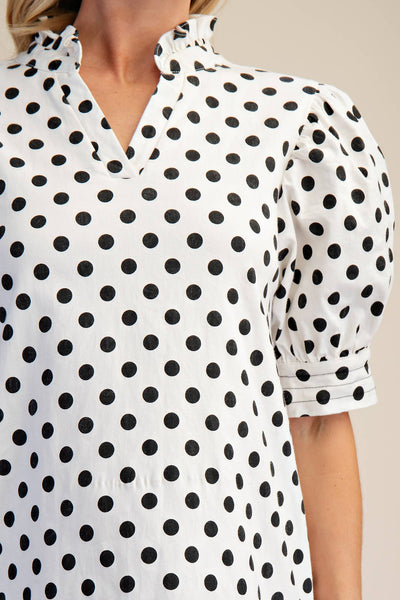 Ruffle V-Neck Puff Sleeve Polka Dot Mini Dress: white/black