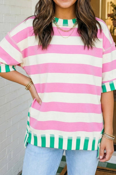 LAS Stripe Exposed Seam Patchwork Top Pink Stripe