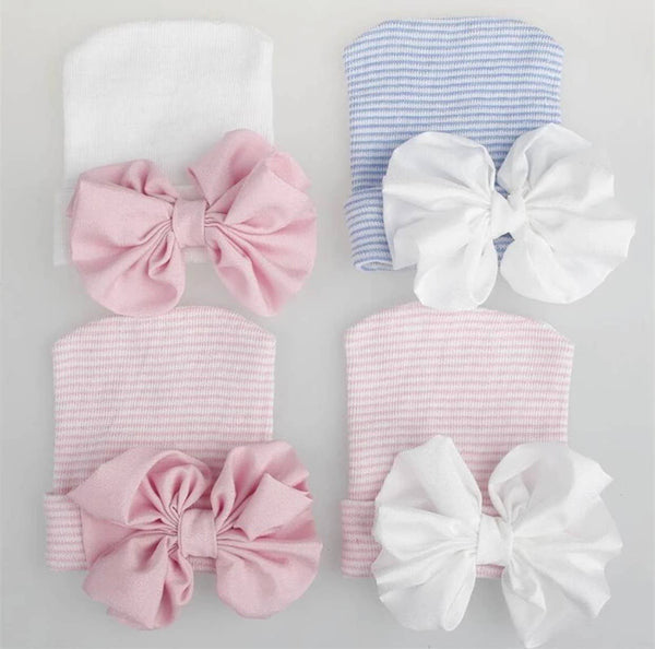 Newborn Hospital Hat, Gender Reveal, Embroidery, Monogram: White Pink / Satin Bow