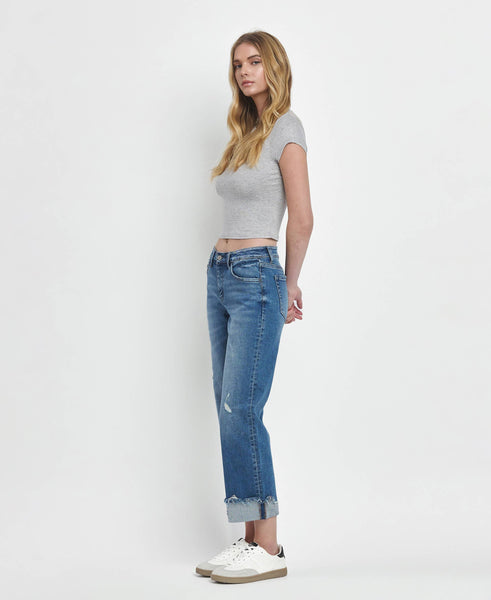 MID RISE RAW CUFFED HEM SLIM WIDE JEANS F5861: FOUR SEASON