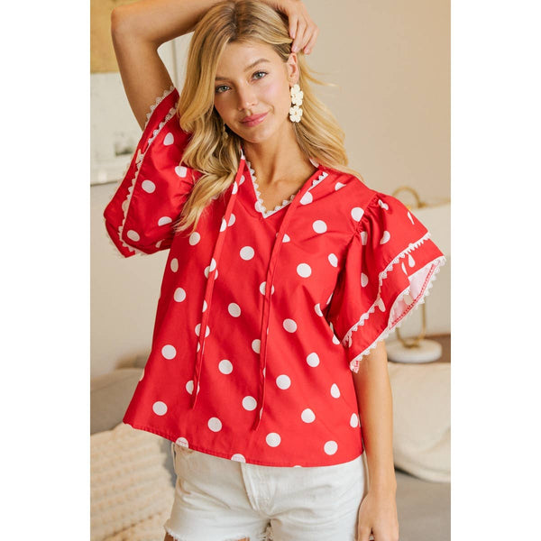 POLKA DOT PRINTED RUFFLE TRIM EDGE BLOUSE TOP: RED / S