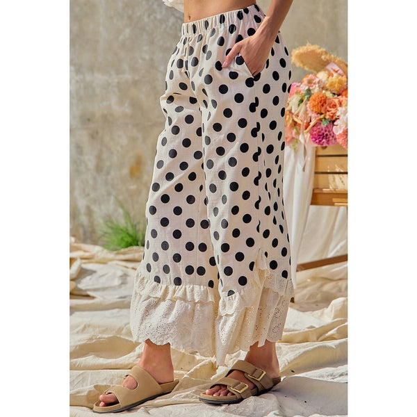 LINEN BLEND POLKA DOT PRINTED RUFFLE LACE HEM PANTS: CREAM/BLACK