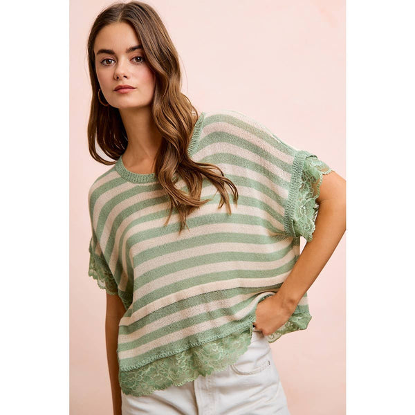 STRIPED CONTRAST LACE DETAIL LIGHTWEIGHT KNIT TOP: PALE BANANA / M