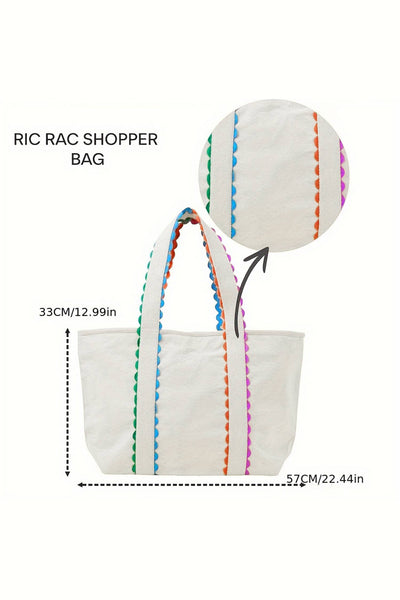 LAS Colorful Ricrac Detail Canvas Tote Bag: Large / White / One Size