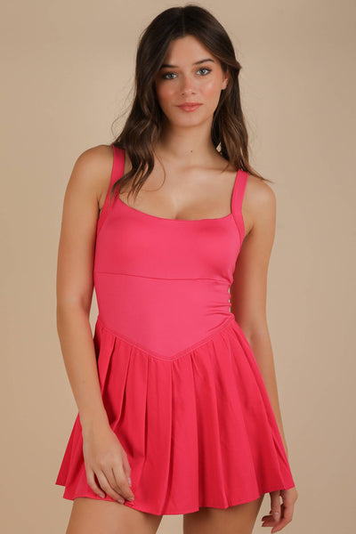 Pleated Skirt Activewear Dress W/ Under Shorts: HOT PINK
