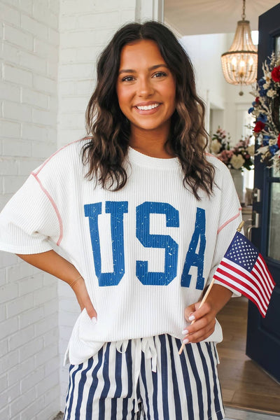 LAS USA Graphic Half Sleeve Loose Ribbed Top White