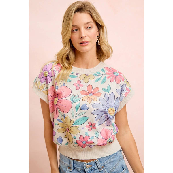 FLOWER ARTWORK PRINTED COZY KNIT TOP: FLOWER / 2X