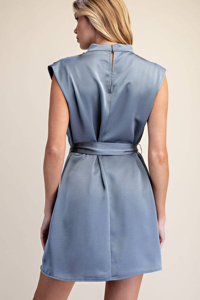 Mock Neck Waist Tie Sleeveless Mini Dress: Slate
