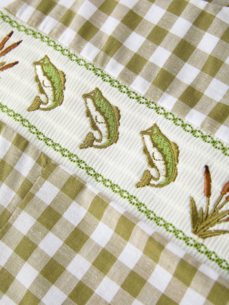 Green Plaid Fish Embroidered Smocked Baby Boy Romper: