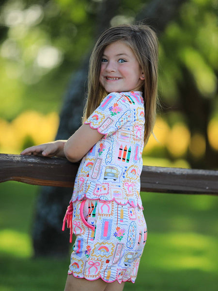 Back to School Print Girl Short Set Scallop Hem: