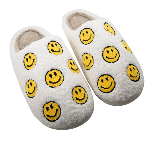 Happy Face ALL OVER Sherpa Slippers: White / S/M