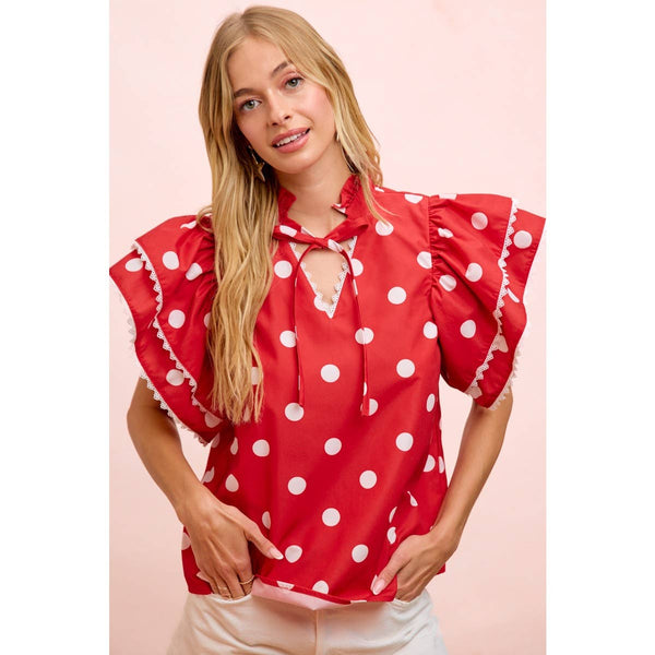 POLKA DOT PRINTED RUFFLE TRIM EDGE BLOUSE TOP: RED / S