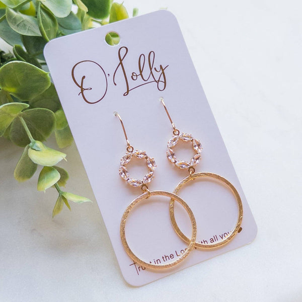 Cubic Zirconia Open Connector w/Gold Texture Hoop Dangle Earrings “Jenny”
