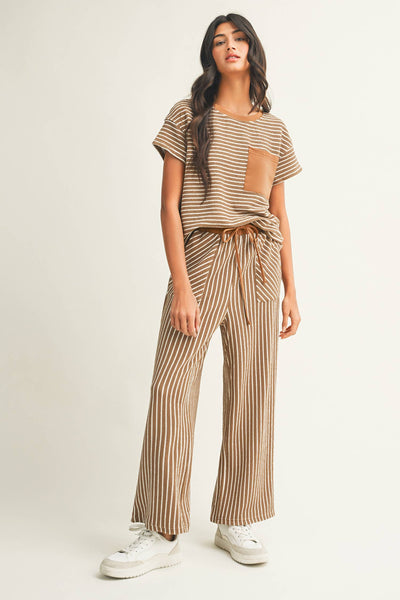 Striped Drawstring Waist Cropped Pants SetKhaki Stripe